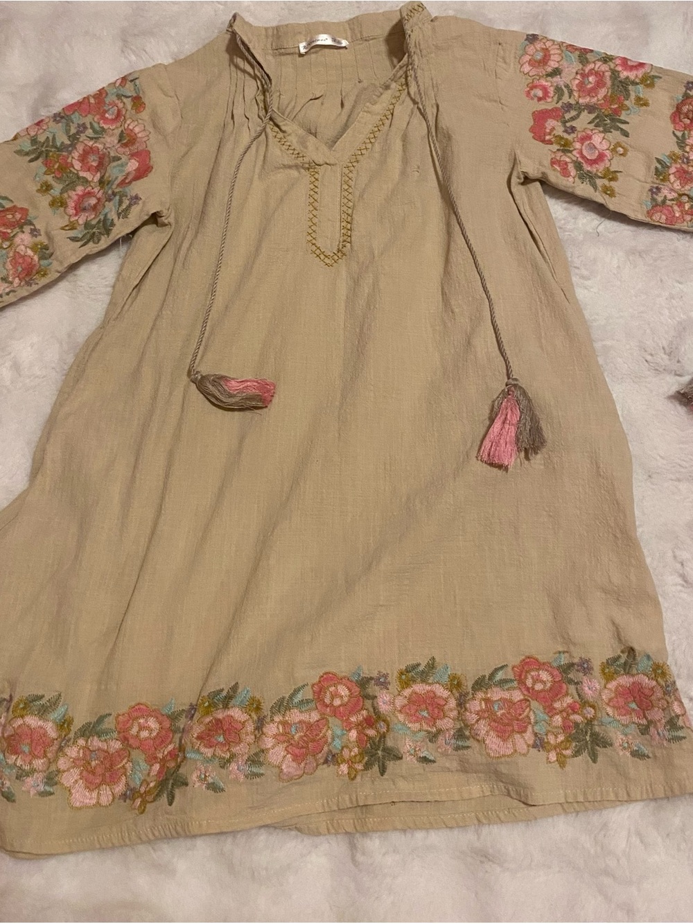 Beige Embroidered Boho Tunic with Pink Floral Trim
